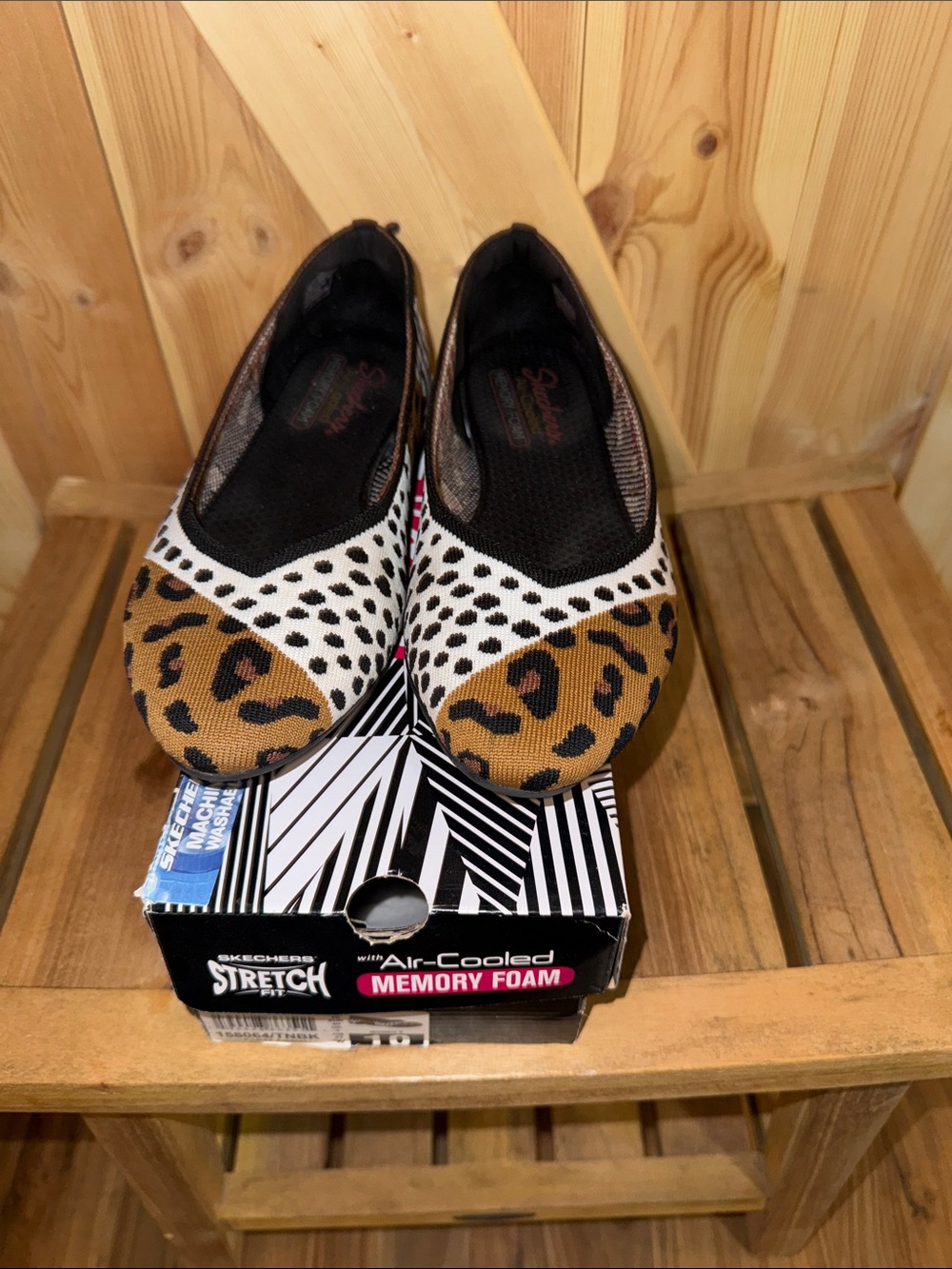 Skechers Women's Animal Print Slip-On Flats in Brown and White - Picture 2 of 6